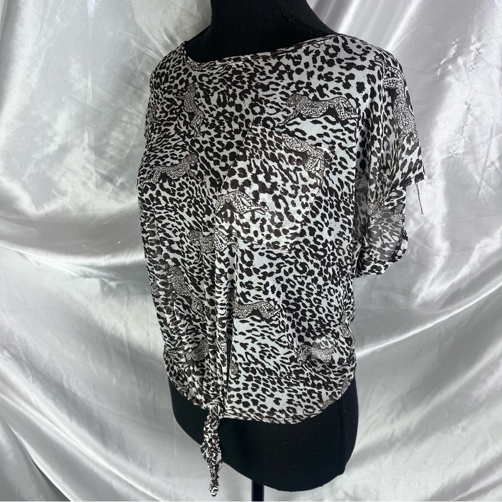 French Laundry Sheer Cream & Brown Cheetah Tie-Front Tee Y2K - Picture 3 of 8